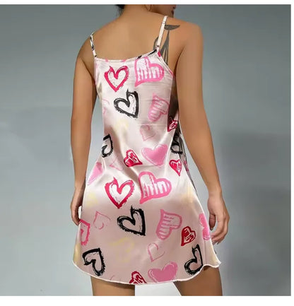 Ladies Sexy Sling Nightgown Nightdress Women's Sexy Lingerie Silk Satin Sleepwear Floral Pinting Nightwear Homewear Mini Dress