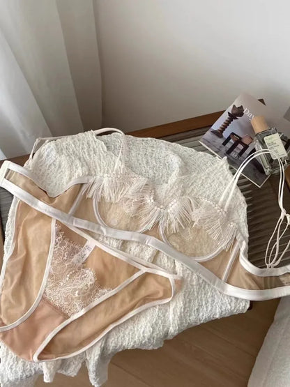 Japanese Light Luxury Backless Lace Bra Set - Ultra-Thin Half Cup Minimizer Sheer Mesh & Lace Lingerie Last 50 Sets  Flash Sale