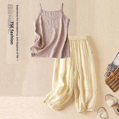 Summer Casual Cotton Linen Double Layer Lantern Pants Loose Elastic Waist Pure Color Wide Leg Harem Trousers for plus Size Women