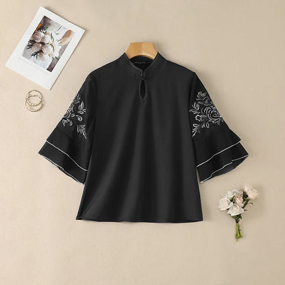 ZANZEA Women Floral Embroidered 3/4 Flared Sleeve Blouses Vintage Mandarin Collar Keyhole Neckline Tops Elegant Blusas de Mujer