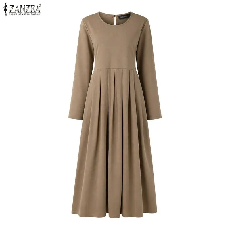 Elegant Muslim Dress Abaya ZANZEA Ramadan Robe Women Casual O Neck Long Sleeve Pleated Dresses Solid Color Baggy Sundress Kaftan
