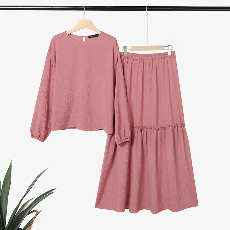 2026 ZANZEA Fashion Women Long Sleeve Tops Dress Suit Muslim 2 Piece Sets Solid Outfits Dubai Hijab Tracksuit A Line Skirt Sets