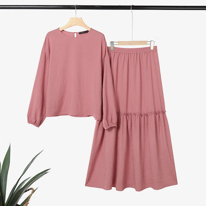 2026 ZANZEA Fashion Women Long Sleeve Tops Dress Suit Muslim 2 Piece Sets Solid Outfits Dubai Hijab Tracksuit A Line Skirt Sets