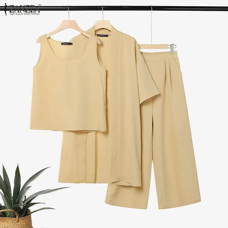 ZANZEA Feamle Cardigan Sleeveless Tanks Tops With Pants Stylish Women 3 Pieces Sets Casual Holiday Outfits Solid Color Tracksuit