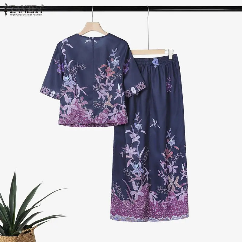 ZANZEA Stylish Summer 2 Pieces Sets Printed Outfits Elegant Women Dress Sets O Neck Half Sleeve Floral Blouse Maxi Skirt Suit