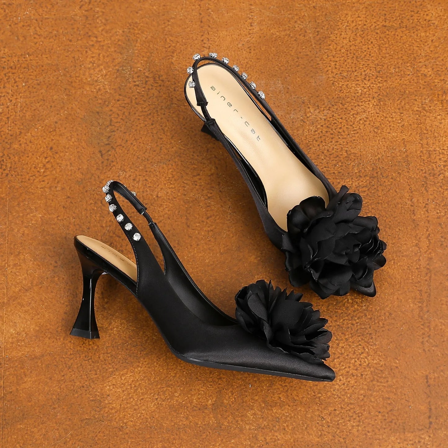 Luxury Satin Floral Designer Women Pumps Sexy Pointed-Toe Rhinestone Decoration Slingbacks Sandals Elegant Brown Party Shoes