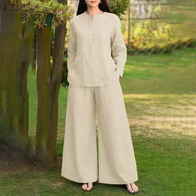 2026 ZANZEA Spring 2 Piece Sets Fashion Women Long Sleeve Tops Pants Sets Casual Solid Outfits Work Tracksuit Wide Leg Trousers