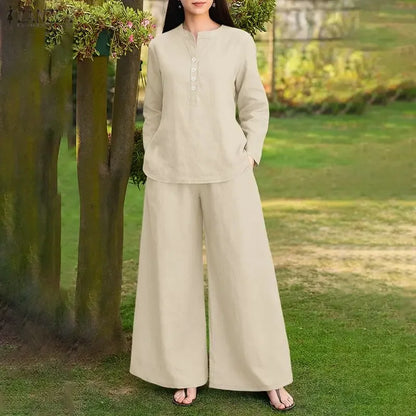 2026 ZANZEA Spring 2 Piece Sets Fashion Women Long Sleeve Tops Pants Sets Casual Solid Outfits Work Tracksuit Wide Leg Trousers