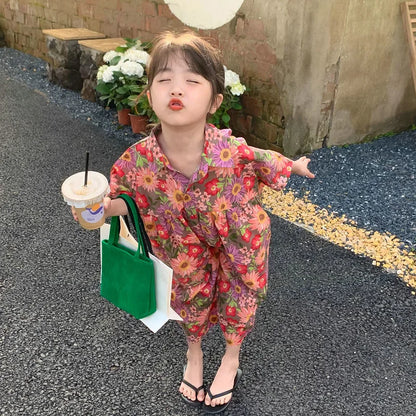Summer Baby Girls Cotton Loose Short-Sleeved Single-breasted All-Over Floral Bodysuits Kids Jumpsuits Children Outfits 2-8 Years