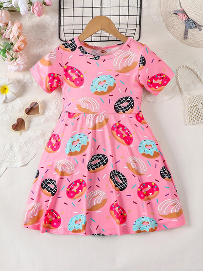 Pink Donut Print round Neck Short Sleeve Dress for Girls Cute Full Print Girl's Dress