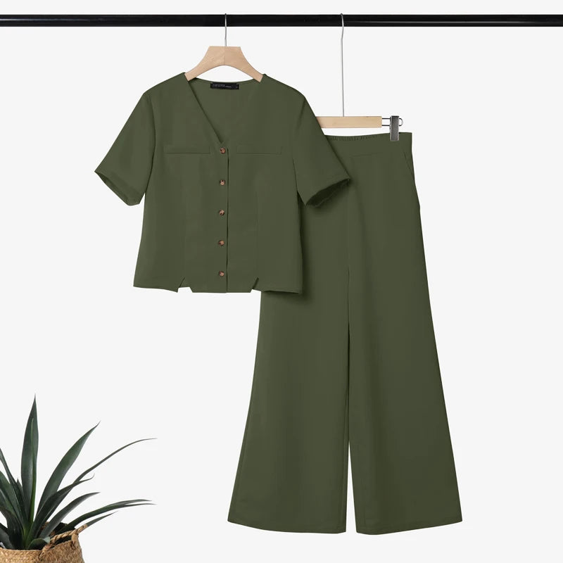ZANZEA Women's Casual Pant Sets Summer Wide Leg Pant & V-Neck Short Sleeve Shirt 2 Pieces Suits Commute Solid Color Outfits