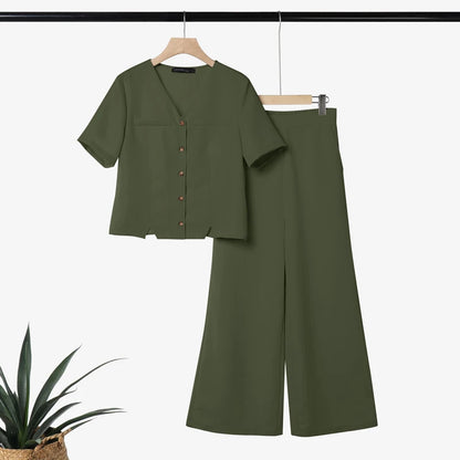 ZANZEA Women's Casual Pant Sets Summer Wide Leg Pant & V-Neck Short Sleeve Shirt 2 Pieces Suits Commute Solid Color Outfits