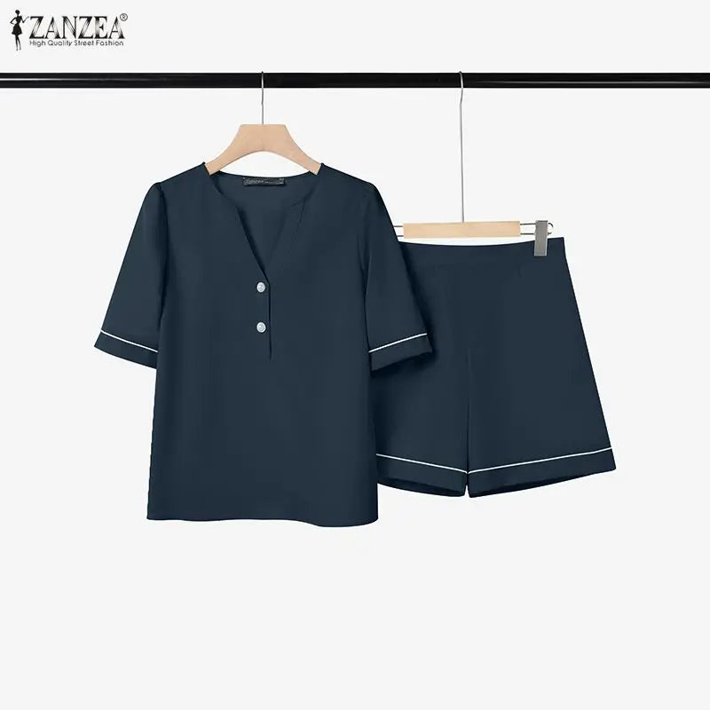 ZANZEA Summer 2PCS Outfit Women 2 Pieces Sets V Neck Short Sleeve Blouse Short Sets Stylish Casual Color-Blocking Tracksuit 2026