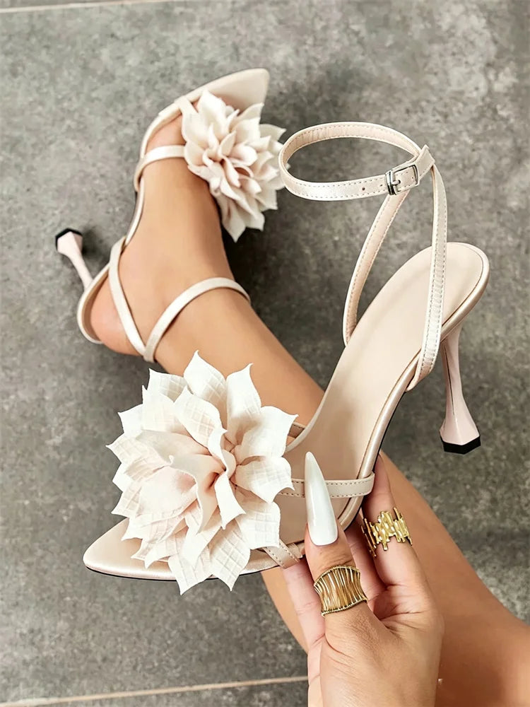 Cute Flower Detail Heeled Sandals Women Sexy Open Toe Ankle Strap Buckle High Heels for Ladies 2026 Summer Elegant Women Shoes