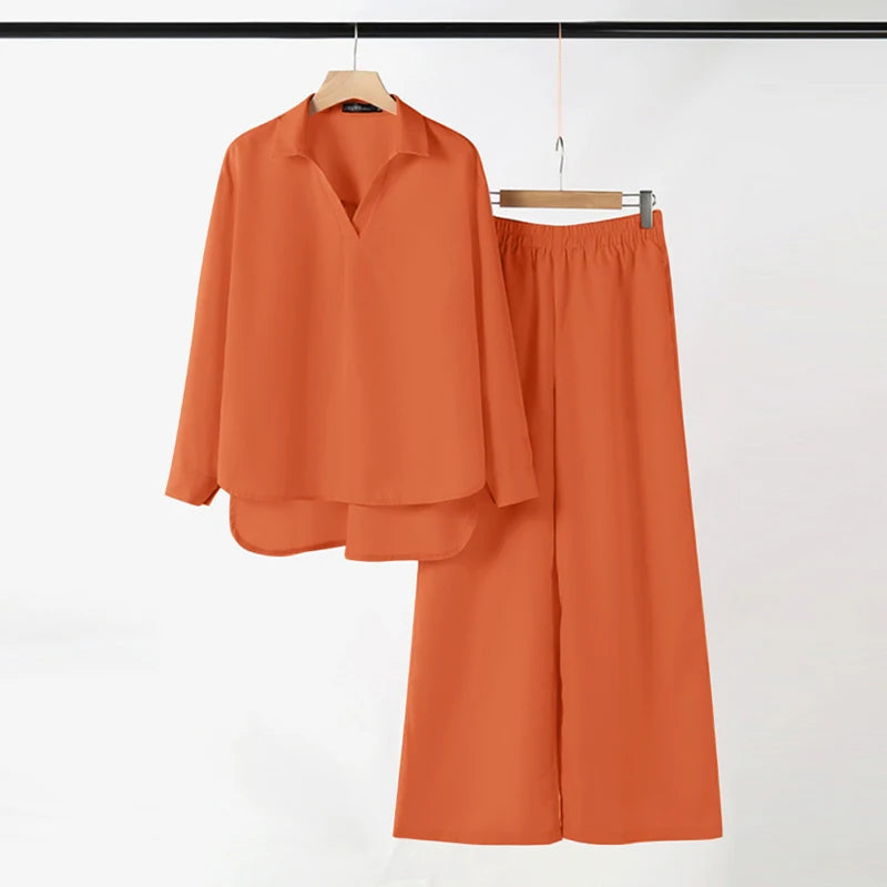 ZANZEA Autumn Outfits Two Piece Sets Women Casual V Neck Long Sleeve Tops With Wide Leg Pants Suits Elegant Solid OL Tracksuit