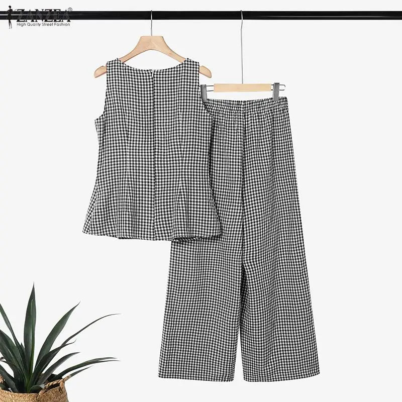 ZANZEA 2026 Women Gingham Check 2-Piece Matching Sets O-Neck Tank Tops & Wide Leg Pants Suits Summer Casual Streetwear Co-ords