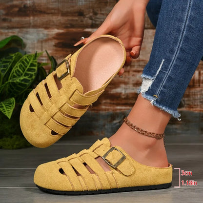 Women Summer Mules Suede Fisherman Shoes Closed Toe Buckle Cut-out Flat Casual Footwear Soft Sole Comfortable Slip-on