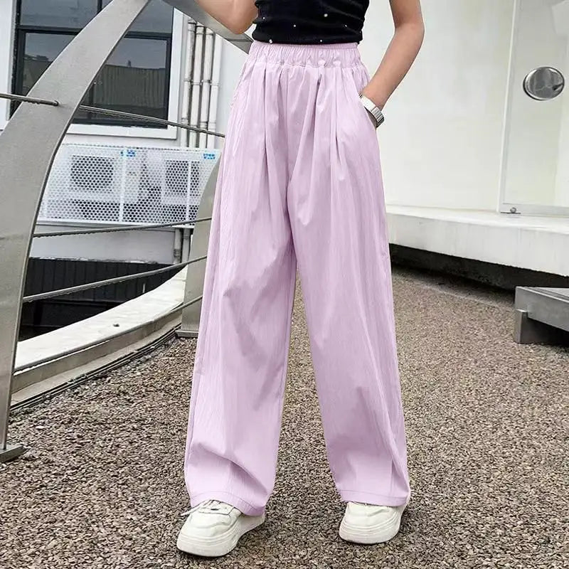 Kids' Korean Streetwear Ice Silk Wide Leg Straight Trousers Lightweight Athleisure Pants for Girls Trendy Casual Sporty Design