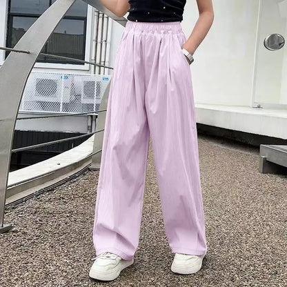 Kids' Korean Streetwear Ice Silk Wide Leg Straight Trousers Lightweight Athleisure Pants for Girls Trendy Casual Sporty Design