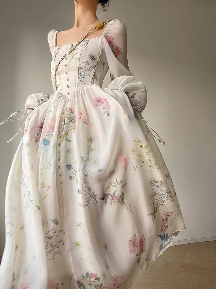 French Elegant Floral Midi Dress Chiffon Long Sleeve Evening Party Dress Woman Beach Fairy One Piece Dress Korean 2026 Summer