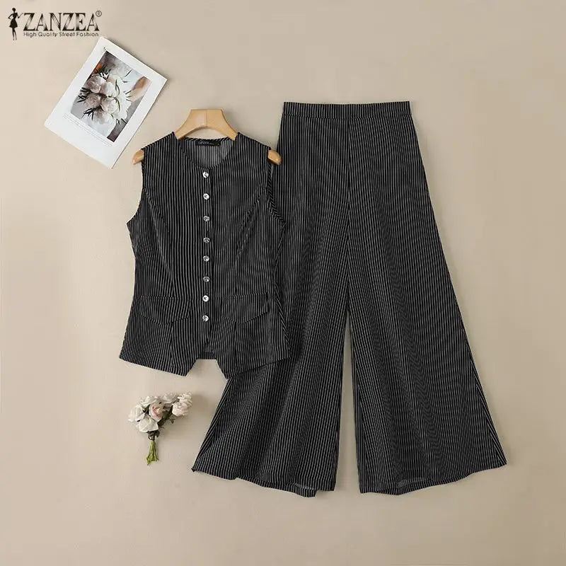 ZANZEA Women's Elegant Pant Suits Striped Sleeveless Vest Tops & Wide Leg Pant 2 Pieces Sets Office Fashion Commuting Outfits