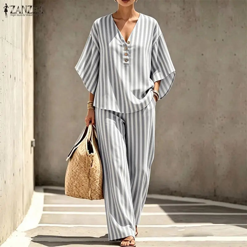 ZANZEA Summer Autumn 3/4 Sleeve Tops Women Pants Sets Fashion V Neck Blusas Wide Leg Pants 2PCS OL Work Party Two-piece Outfits