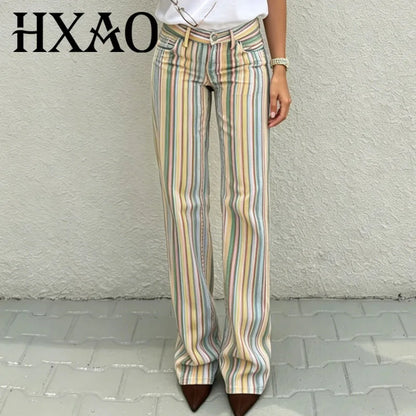 HXAO Striped Jeans For Woman Summer Low Landing Jeans Wide Leg Straight Baggy Denim Pants Chic Casual Streetwear Long Trousers