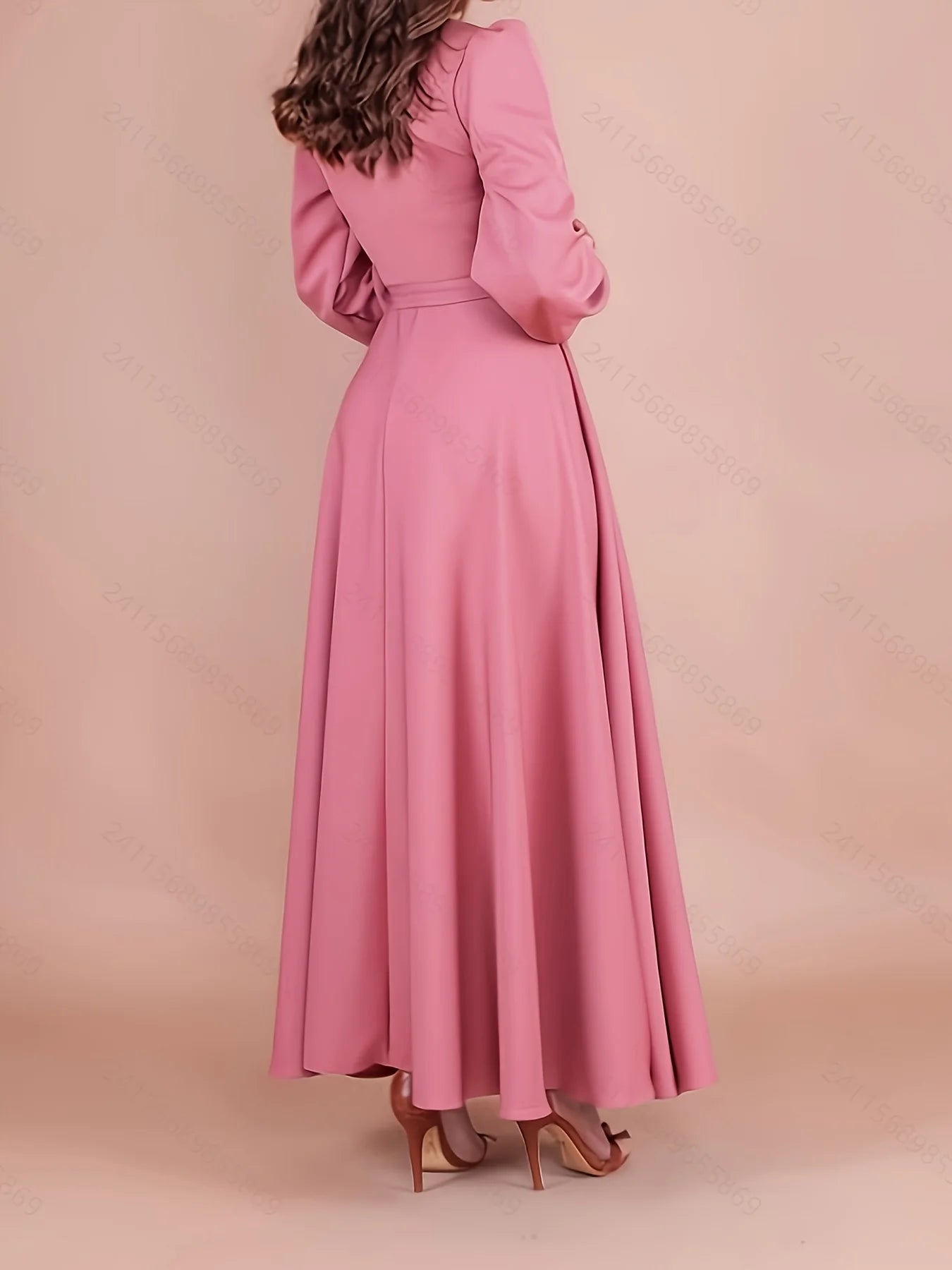 Elegant Loose Rose Red V-Neck Long Sleeve Dress for Women with Waistband Slimming Long Skirt Design