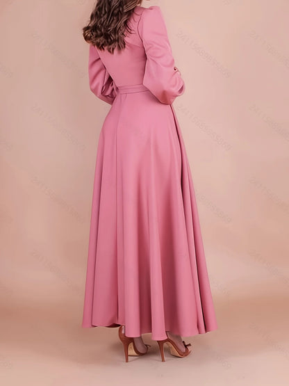 Elegant Loose Rose Red V-Neck Long Sleeve Dress for Women with Waistband Slimming Long Skirt Design
