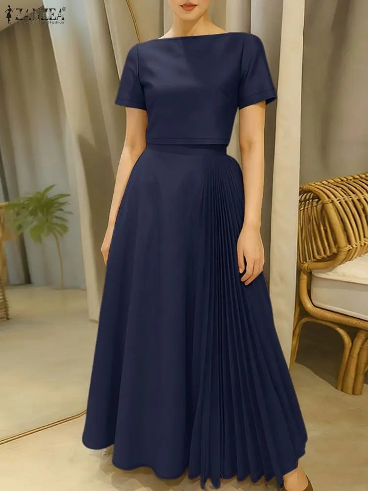 ZANZEA Fashion 2 Pieces Skirt Sets Women Elegant Boatneck Short Sleeve Crop Tops and Pleated Long Skirts Suits Woman Outfits 3XL
