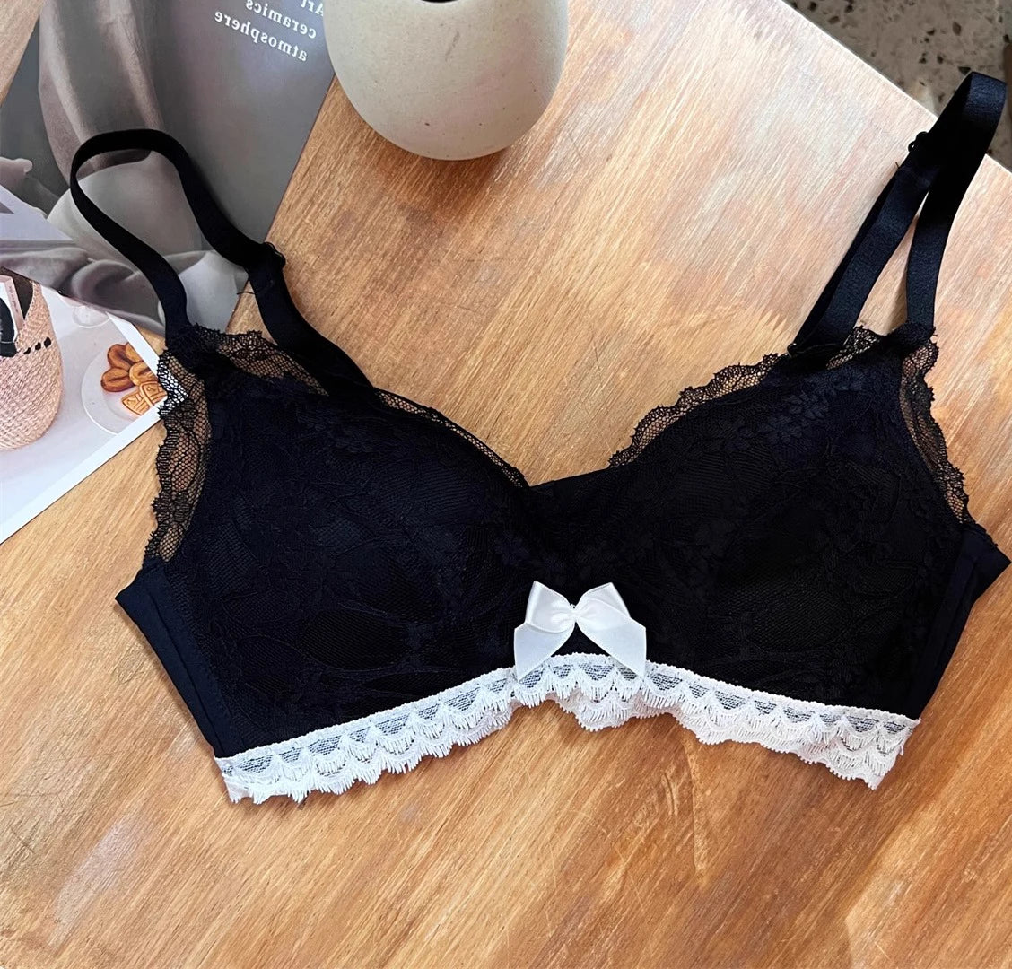 French Lace Bra Wireless Push Up Bralette for Small Bust Adjustable Straps Anti Sagging Support Sexy Lace Up Lingerie Panty Set