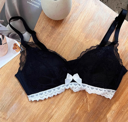 French Lace Bra Wireless Push Up Bralette for Small Bust Adjustable Straps Anti Sagging Support Sexy Lace Up Lingerie Panty Set