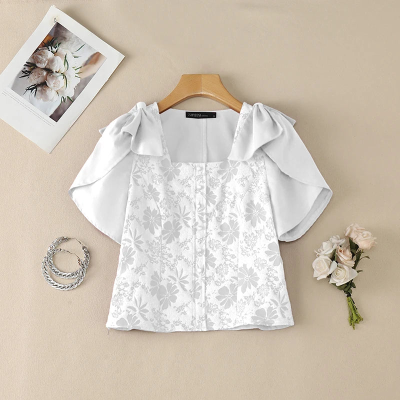 ZANZEA Woman Elegant Floral Jacquard Blouses Square Neck Petal Sleeves Bow Details Short Tops Summer Feminine Blusas de Mujer
