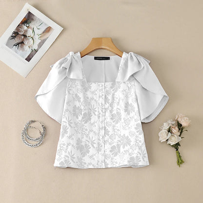 ZANZEA Woman Elegant Floral Jacquard Blouses Square Neck Petal Sleeves Bow Details Short Tops Summer Feminine Blusas de Mujer