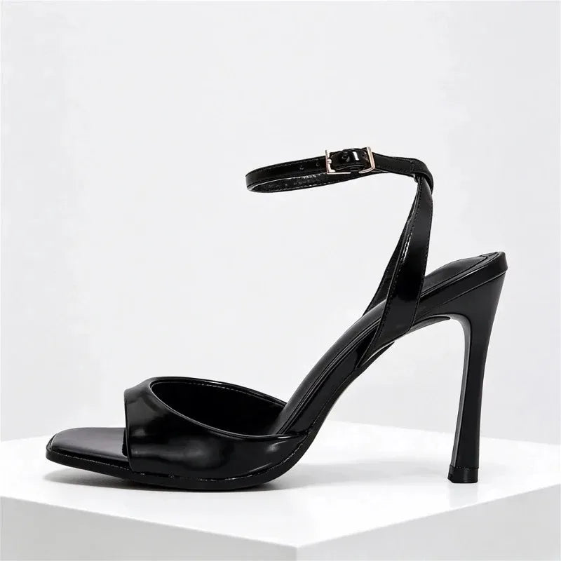 Black Patent Leather Ankle Strap Buckle Heeled Sandals Women Sexy Square Open Toe High Heels Summer Elegant Party Office Shoes