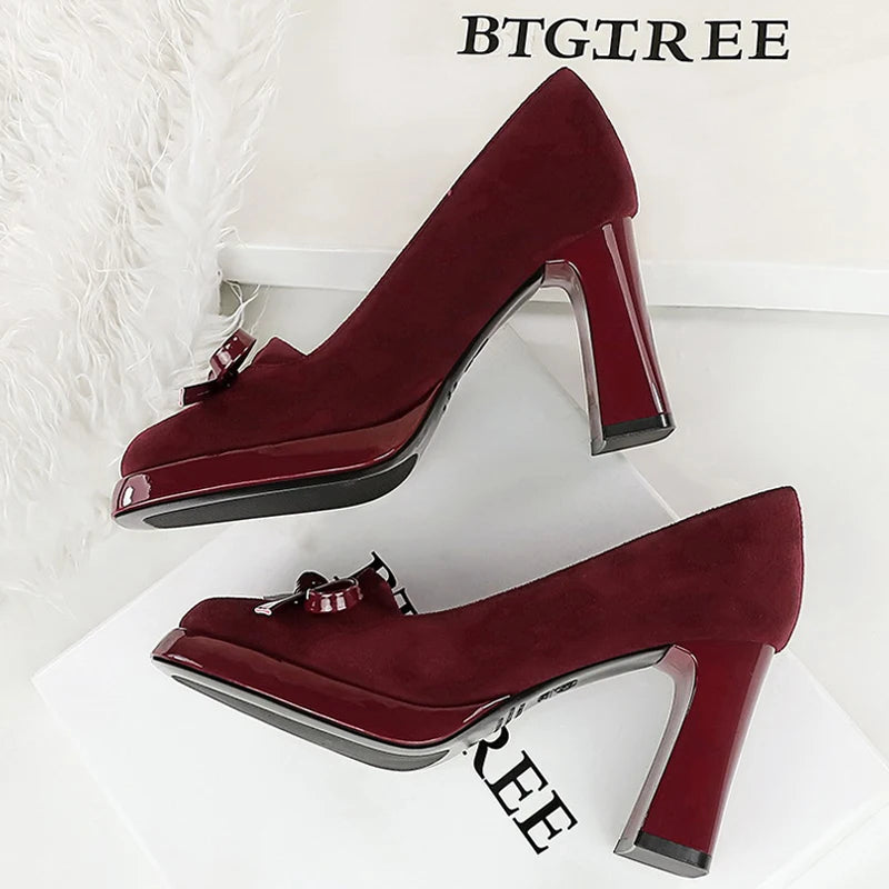 BIGTREE Shoes Chunky Block Heels Women Pumps Bow Decoration High Heels Square Headed Platform High Heels Suede Ladies Shoes 2026