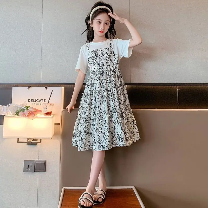 Floral Print Children's Round Neck Suit for Girls Dresses Costume Year Old Dress Sets From 8 12 Years Kids Girl Summer Princess