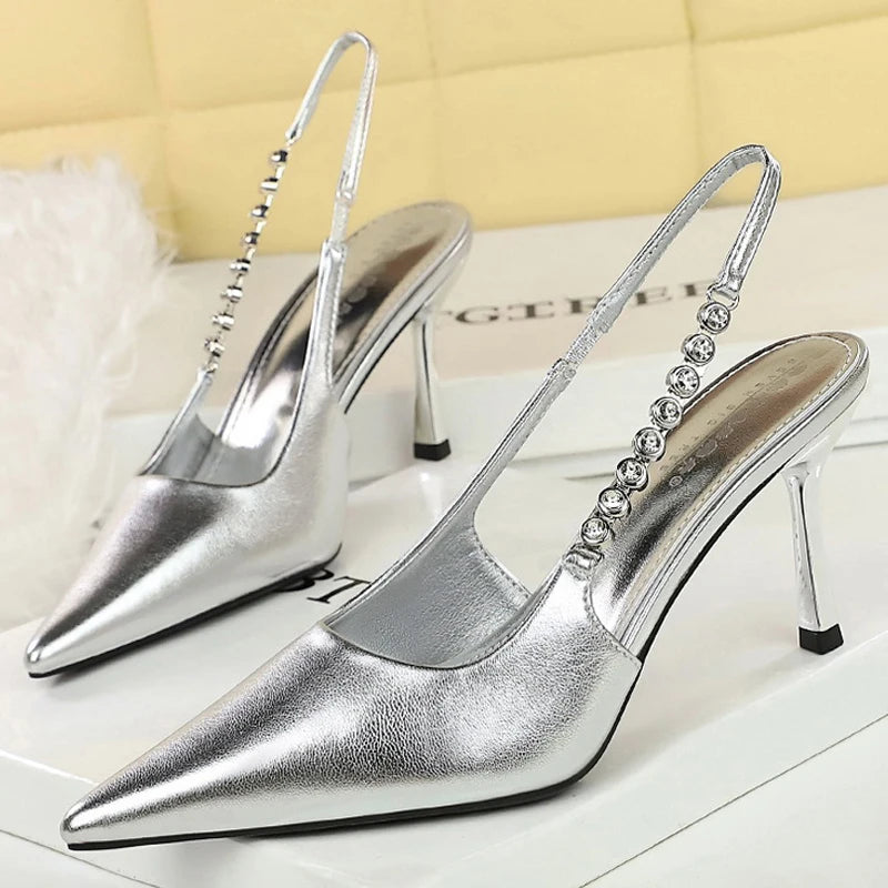 BIGTREE Shoes Rhinestone Chain Design High Heels Sexy Pointed Tip Women Pumps Stiletto Heels 8 cm Summer High-heeled Sandals