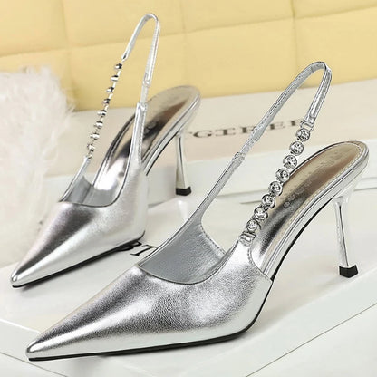 BIGTREE Shoes Rhinestone Chain Design High Heels Sexy Pointed Tip Women Pumps Stiletto Heels 8 cm Summer High-heeled Sandals