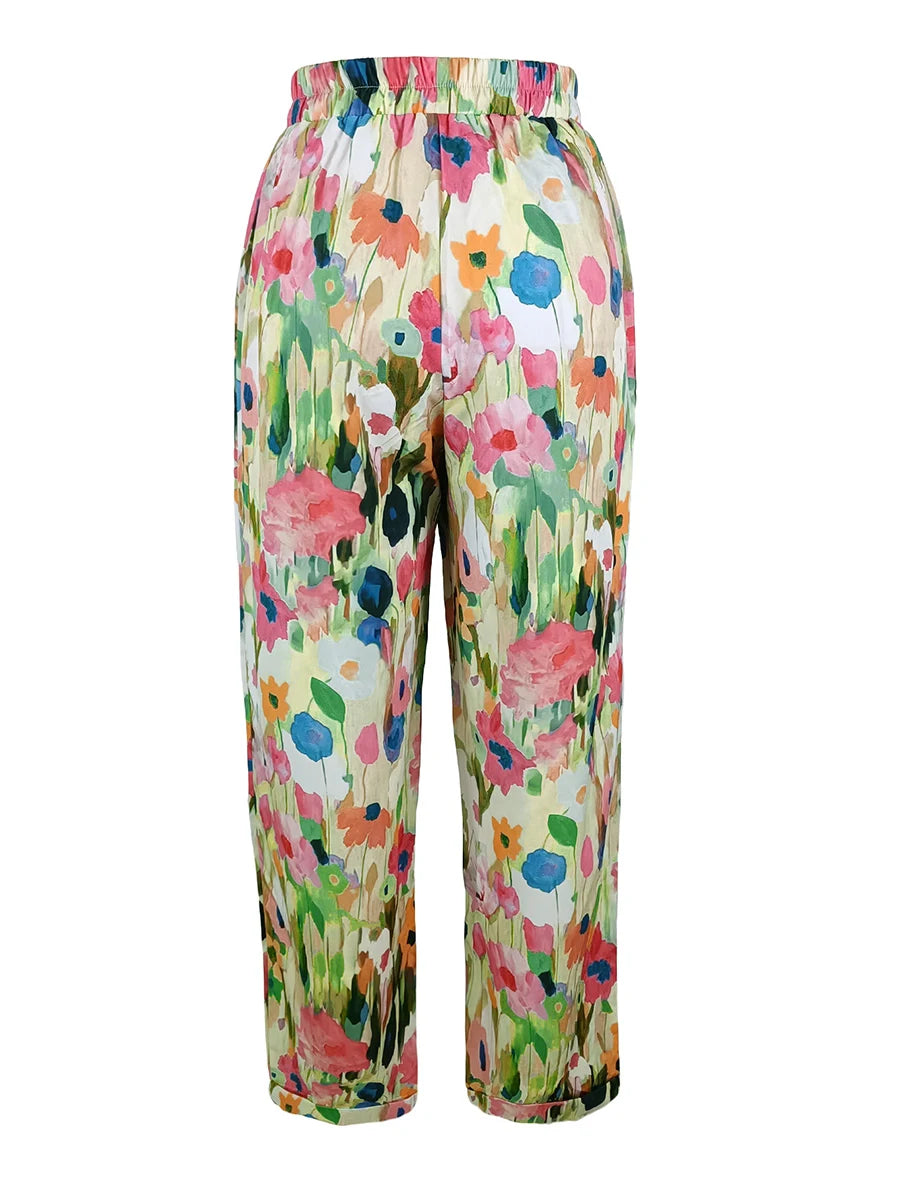 Latest Chic Women's Casual Floral Print Loose Wide Leg Pants Elastic Waist Straight Trousers For Daily Wear Boho Style Outfits