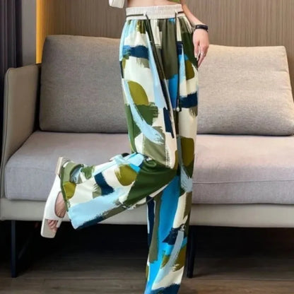 Women Colorful Graffiti Print Wide Leg Pants, Elastic Waist Drawstring Loose Trousers, Summer Casual Streetwear