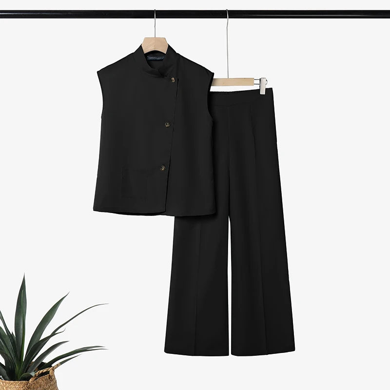 ZANZEA Summer Outfits Sleeveless Stand Neck Blouse Wide Leg Pant Sets Stylish Women 2 Pieces Sets Solid Color OL Work Tracksuit