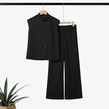 ZANZEA Summer Outfits Sleeveless Stand Neck Blouse Wide Leg Pant Sets Stylish Women 2 Pieces Sets Solid Color OL Work Tracksuit