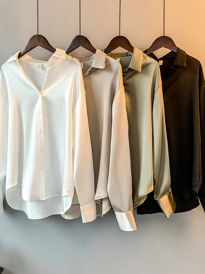 Gadinus Women Solid Color Long Sleeve Button Up Shirt Loose Fit Curved Hem Casual Blouse Top