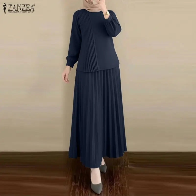 2026 ZANZEA Elegant Muslim 2 Pieces Sets Dubai Hijab Tracksuit Summer Women Long Sleeve Tops Dress Suit Ramadan Outfits Oversize