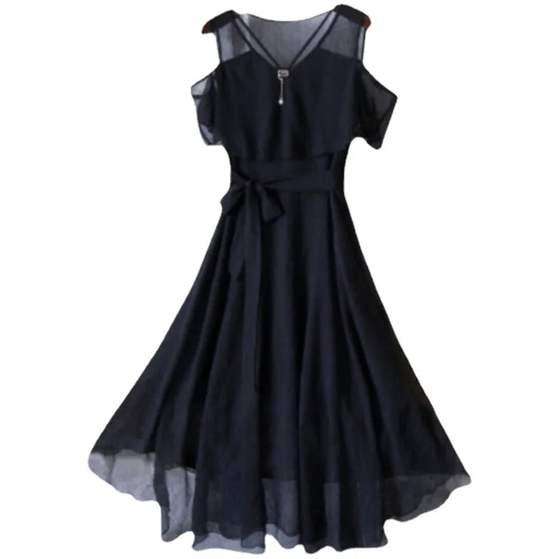 Women's Summer Chiffon Dress Korean Office Lady Graceful Casual Black Off-Shoulder Dresses 2025 New Fashion Clothing Female