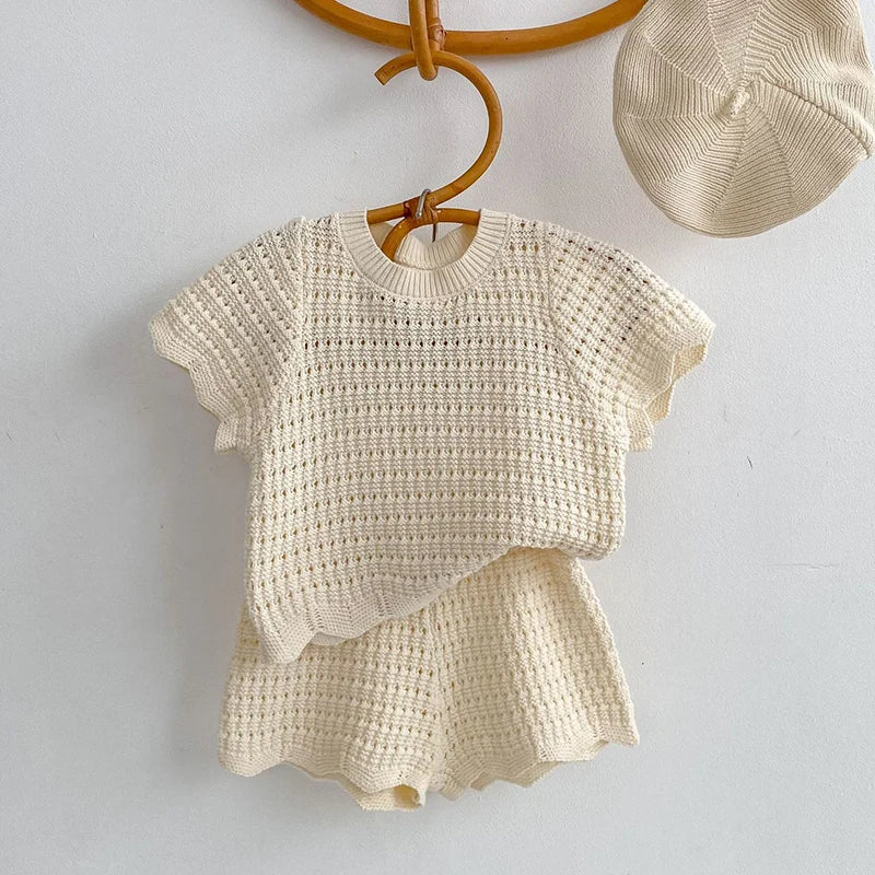 2026 New Summer 0-6Yrs Children Clothes Suit Short Sleeved Solid Color Knitted Pullover+Shorts Newborn Baby Girls Clothing Set