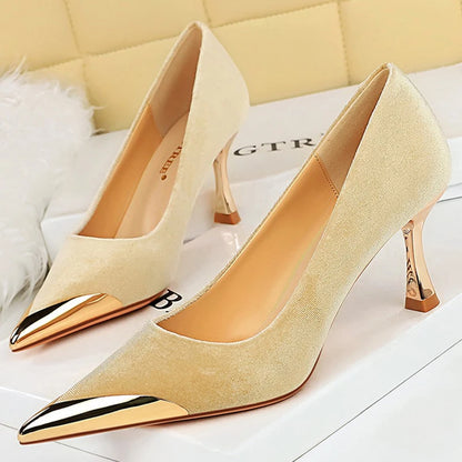 Large Size 43 Women 7 Cm Heels Metal Pointed Women Pumps Fashion Kitten Heels Sexy Party Shoes Women Suede Luxury Lady Heels