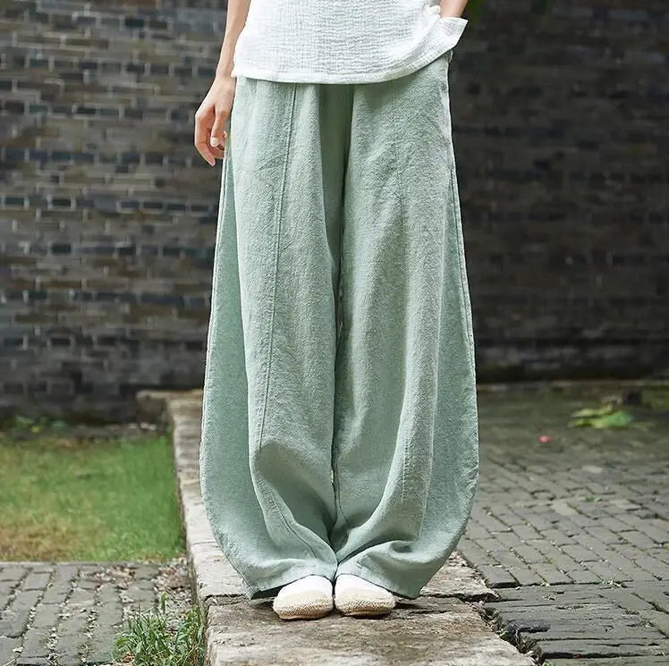 2024 Cotton Linen Bloomers Wide Leg Pants Women Vintage Full Length Fashion Elegent Pants Solid Elasitic Waist Spring Autumn 5XL