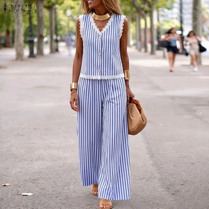 ZANZEA Summer Elegant V Neck Sleeveless Striped Lace Trim Blouse Pants Sets Women Outfits Casual OL Work Tracksuit 2 Pieces Sets